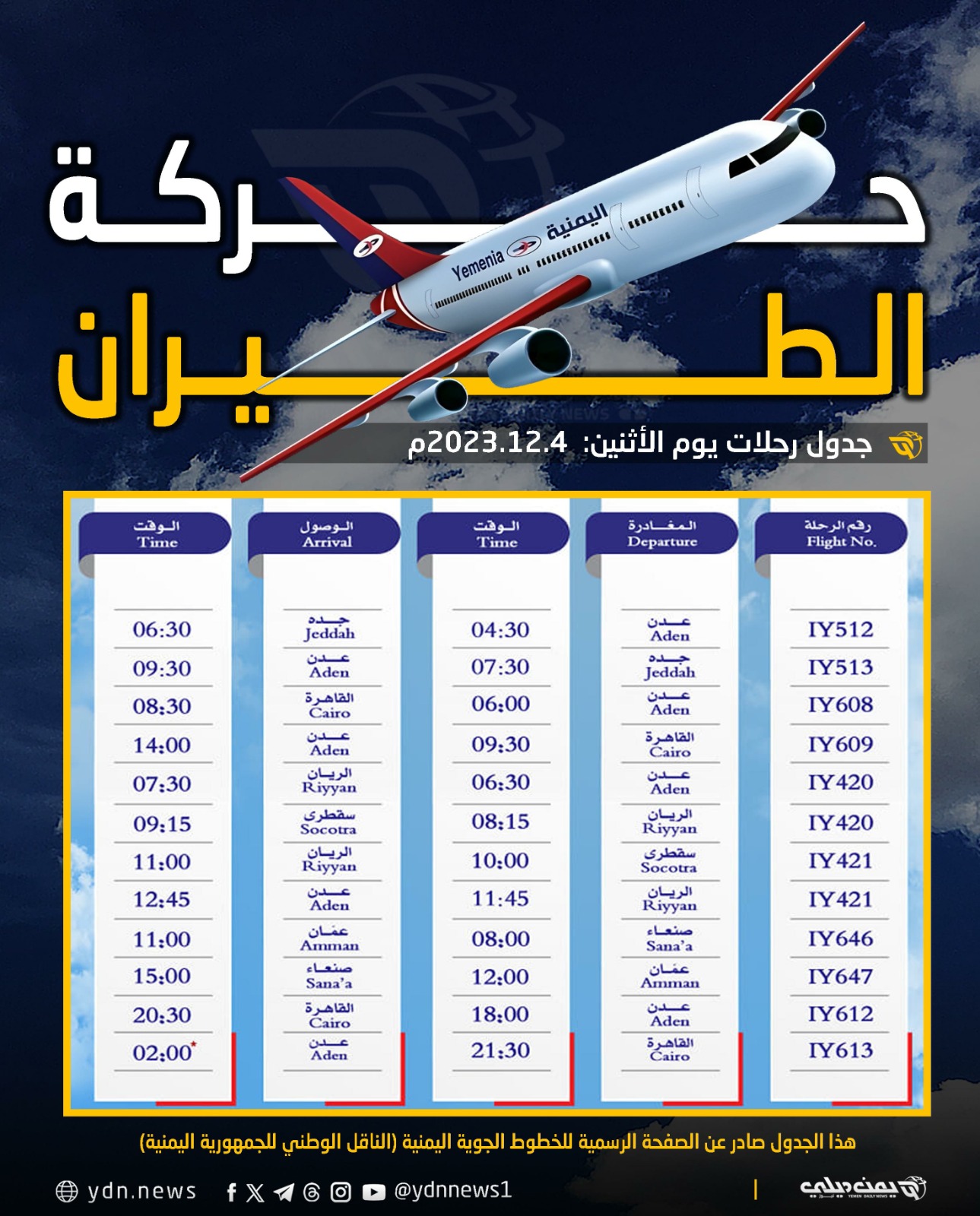 مواعيد رحلات طيران اليمنية غدا الاثنين 4 ديسمبر/كانون الأول 2024