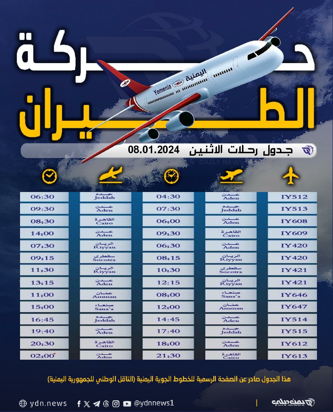 مواعيد رحلات طيران اليمنية غدا الاثنين 8 يناير 2024